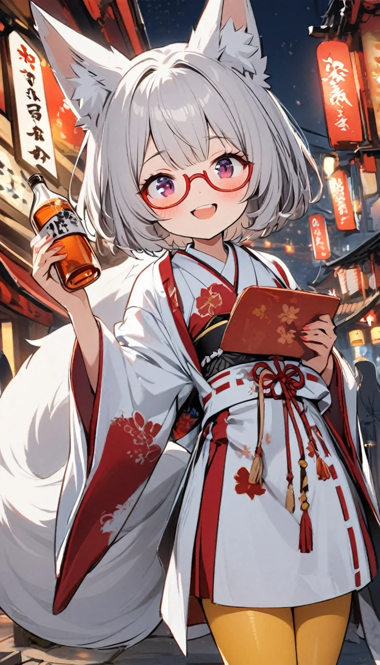 One Girl,A white fox girl with a gentle personality,thin body type,Flat Chest,Vermilion and madder colored odd eyes,Red-rimmed glasses,Droopy eyes,Looks happy,Short Hair,Bobcut,Gray Hair,Red Mesh,fox ears,Miko Kimono,Short black skirt,Fox Tail,1 bottle,Deep golden yellow tights,Date with a big man,night