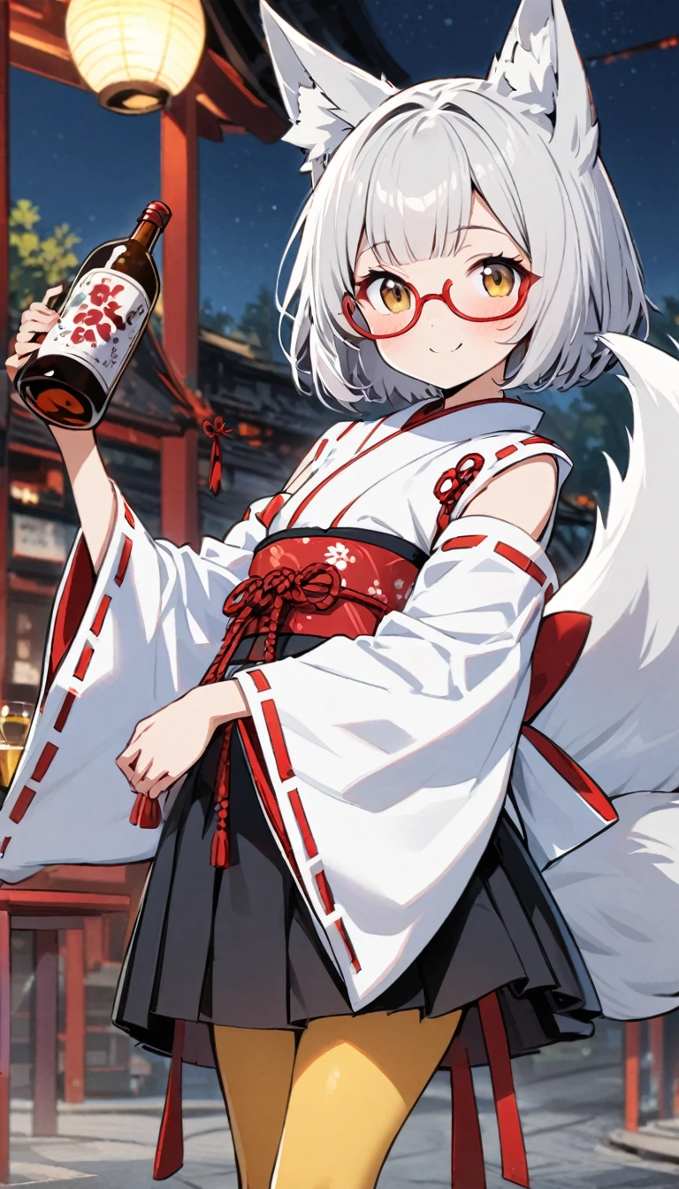 One Girl,A white fox girl with a gentle personality,thin body type,Flat Chest,Vermilion and madder colored odd eyes,Red-rimmed glasses,Droopy eyes,Looks happy,Short Hair,Bobcut,Gray Hair,Red Mesh,fox ears,Miko Kimono,Short black skirt,Fox Tail,1 bottle,Deep golden yellow tights,Date with a big man,night