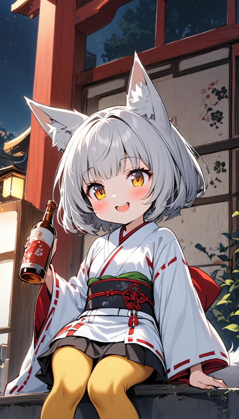 One Girl,A white fox girl with a gentle personality,thin body type,Flat Chest,Vermilion and madder colored odd eyes,Red-rimmed glasses,Droopy eyes,Looks happy,Short Hair,Bobcut,Gray Hair,Red Mesh,fox ears,Miko Kimono,Short black skirt,Fox Tail,1 bottle,Deep golden yellow tights,Date with a big man,night