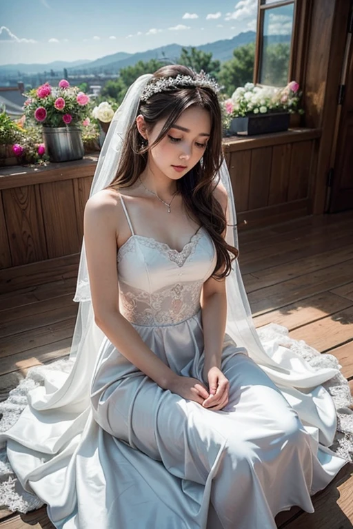 ((best qualtiy, 8K, tmasterpiece:1.3)), A pretty maiden,Pure,Melon seed face,gentle and cute,A sweet smile,Pure desire,Thin stature,(frontage),(Tilt your head),staring right into camera,uniform, Obi, formal,Black silky long, Straight hair,Long hair flowing over the shoulders,round black big eyes,Clear big eyes,Hydrated red lips,Sweet,Sit by the road,with blue sky and white clouds,Blue skies,grassy fields,Buildings,