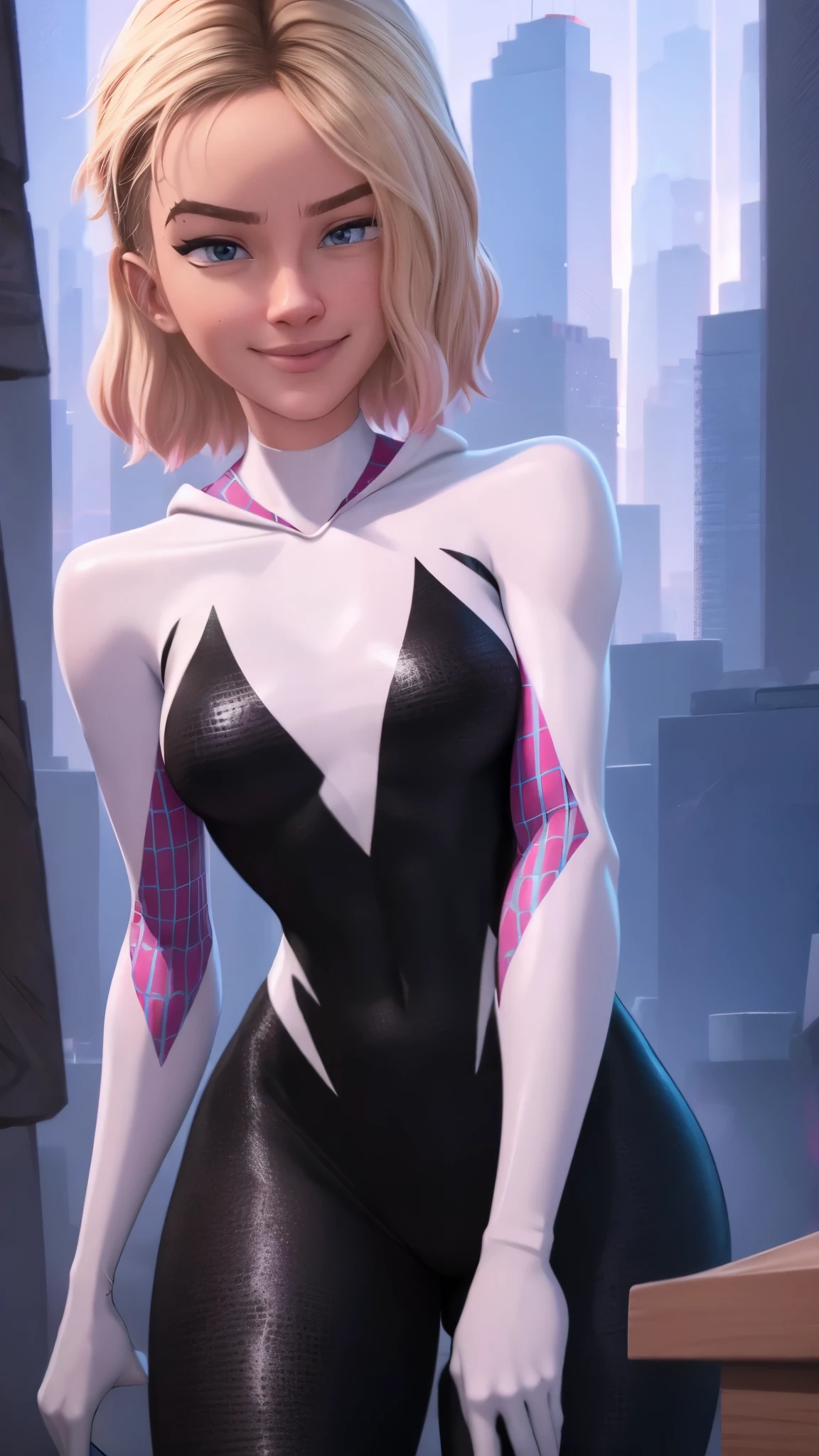 Spider-gwen da Marvel,(best qualityer,4K,8k,high resolution,work of art:1.2)(weather: raining), new york background, downtown skyscrapers, wide hips, short curly hair, blonde and pink hair, full bodysuit, vintage shoes, light makeup, flirting pose, spider web, ultra detailed,portrait,realistic,beautiful detailed blue eyes, beautiful detailed lips,extremely detailed eye and face, long eyelashes,average, large breasts,flying hair,beaming smile, sexy smile,powerful girl in combat, bright coloured, dramatic lighting,