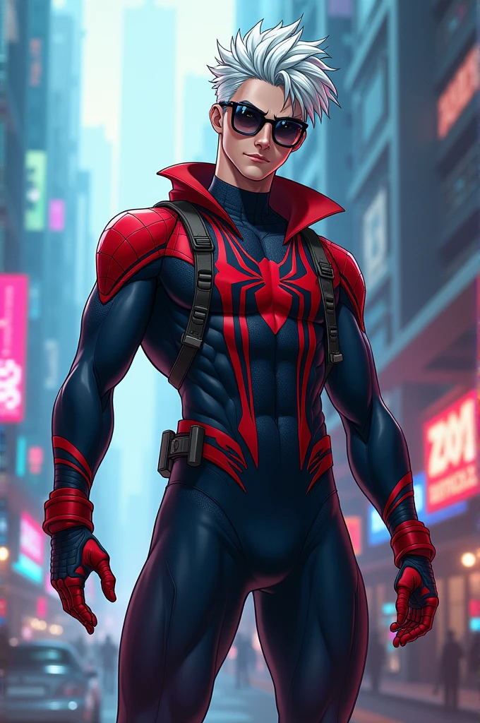 20 year old, handsome male, brownish-blond hair, blue eyes, spider-man suit (Turquoise, electric green, and black), no mask, epic pose, anime style, Spider-Man, one person