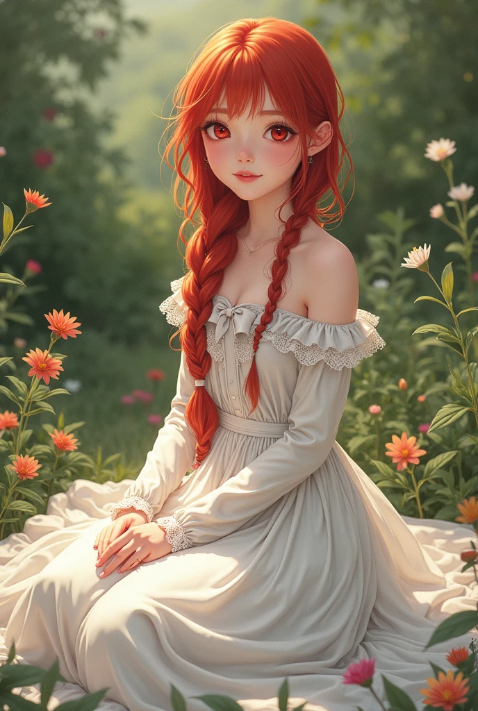 masterpiece. Pretty woman with long hair. Red hair. happy face. ((smelling a daisy)). Kneeling in a garden surrounded by varied flowers. blurred background. Dressed in a vaporous chiffon dress. Photorealistic, Hyperdetailed, High Quality'8K