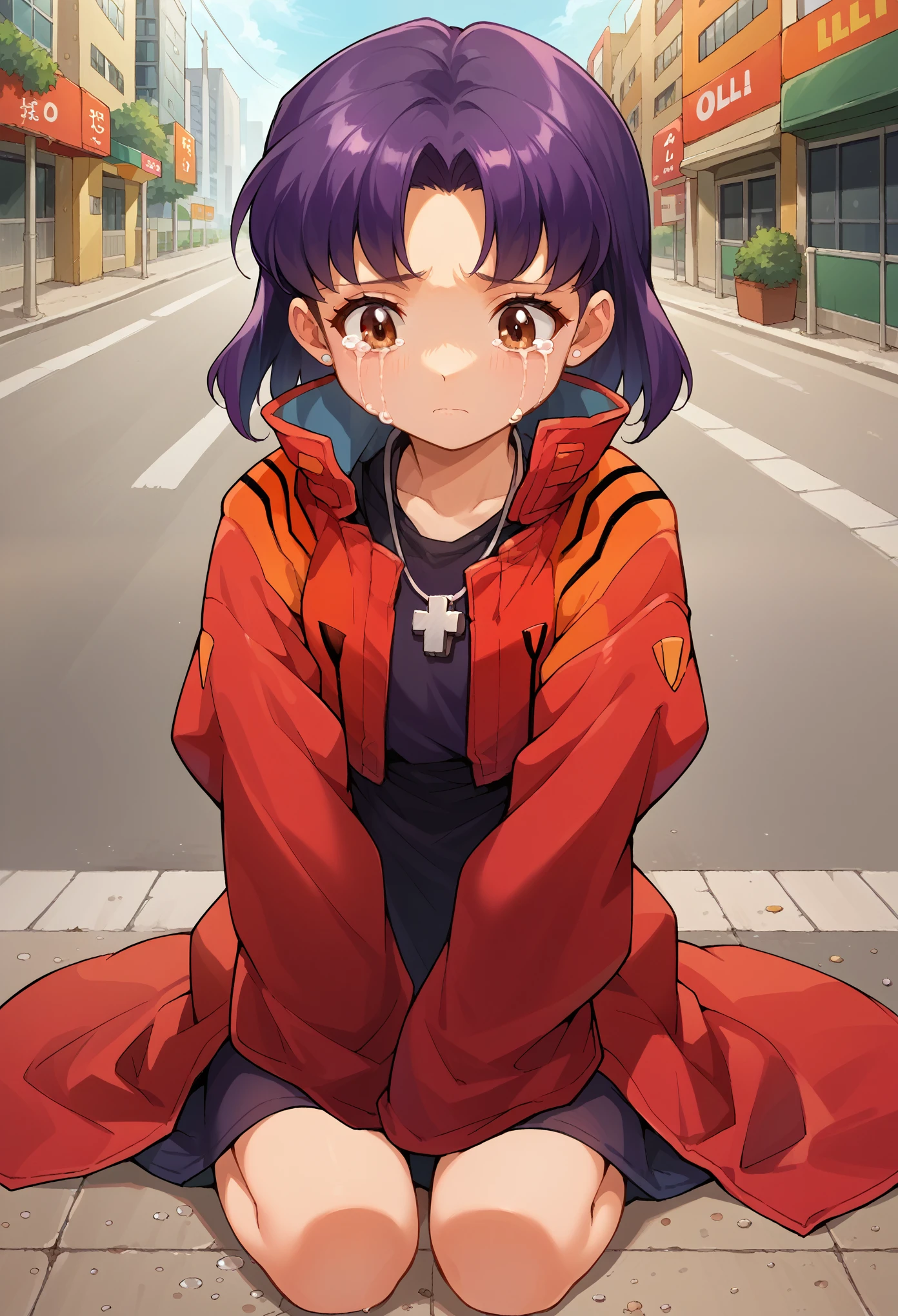 score_9, score_8_up, score_7_up, 1girl, solo, (****:1.5), flat chest, EPngeKatsuragiMisato, purple hair, brown eyes, medium hair, long sleeves, oversized sleeves, jewelry, red jacket, cropped jacket, necklace,  cross necklace, black dress, oversized dress, open jacket, sitting on ground, crying, sad, looking down, looking herself, street, city, AgeRegression, Oversized Clothes