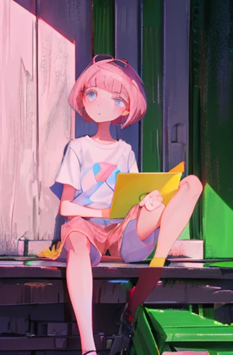 cute girl with short pink hair with bangs, wearing white tshirt and pink shorts, looking away, sitting, watching on the laptop on the table, in the room, realistic, 8k,