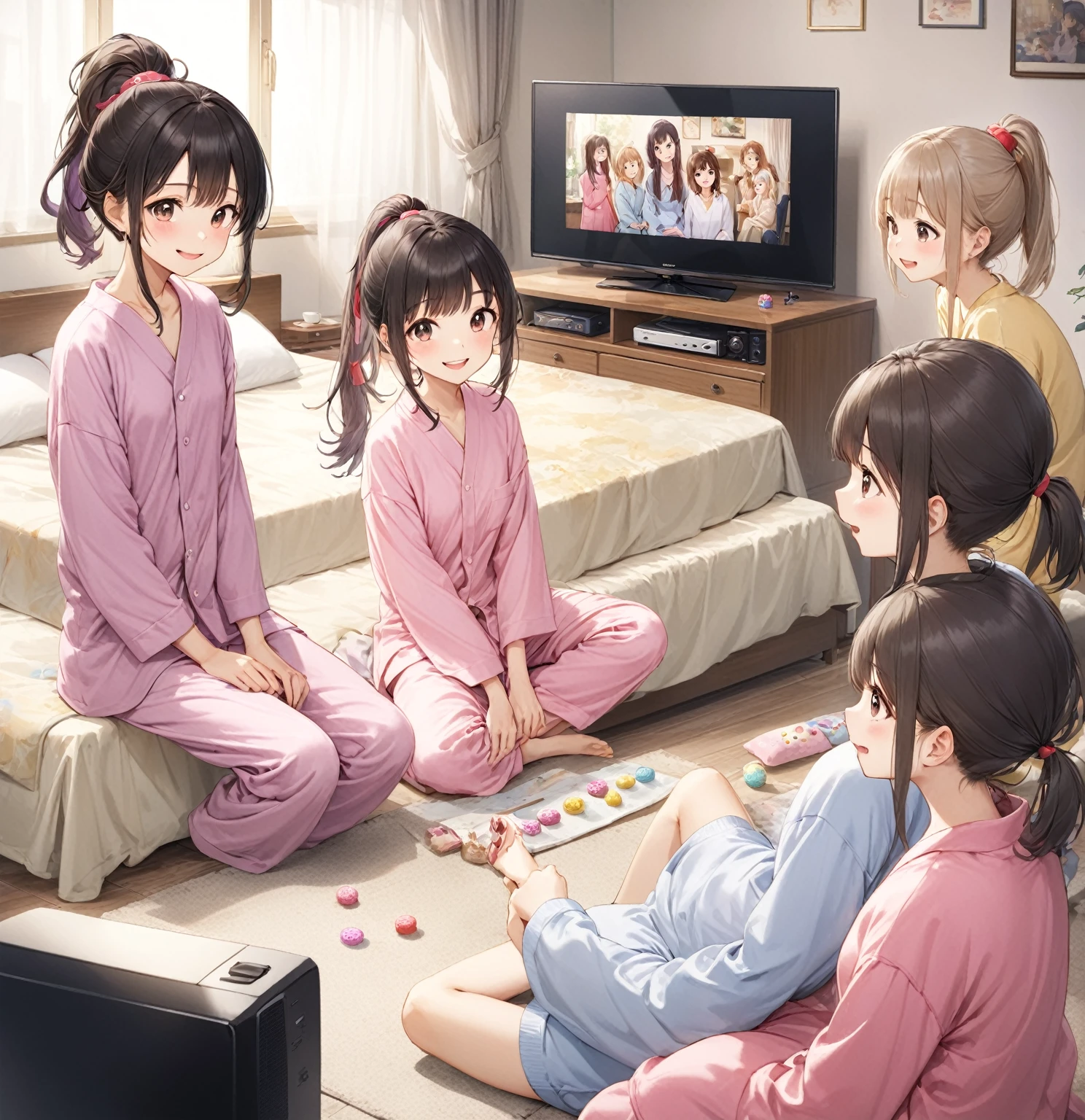 A kotatsu in the middle of the desert、Four girls undressing at the kotatsu、A girl in pretty pink underwear、Girl undressing
