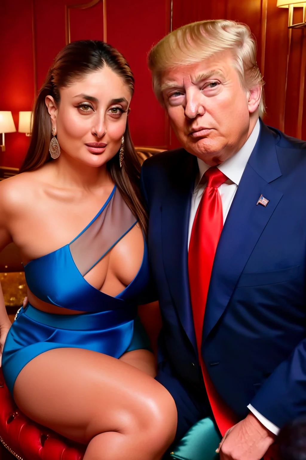 Kareena kapoor with donald trump. kareena hugging with donald trump . She is sitting on his lap. They are in restaurant . Kareena put her hand inside his pants , couple hot scene