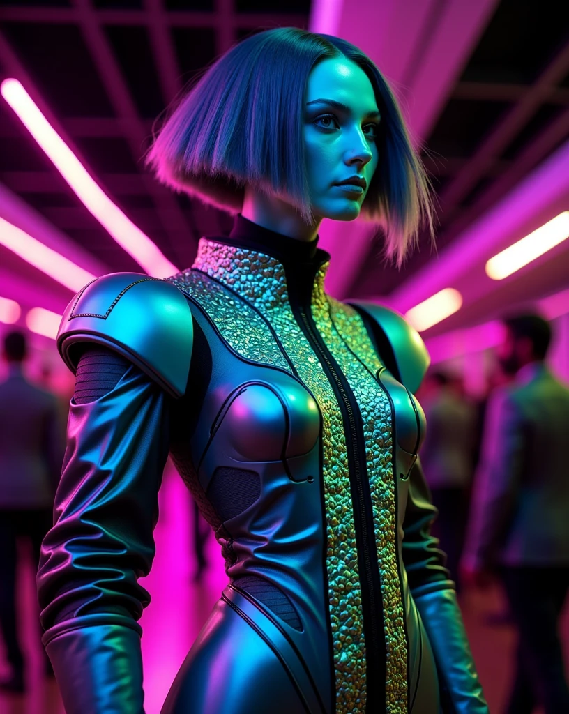 film by Kodak porta,Full body photo of a human teen woman blend melding into a beautiful alien from the far reaches of the galaxy, wearing futuristic avant-garde v - neck outfit open, award-winning photo, Canon 5D photo, 85mm lens, Nikon Camera