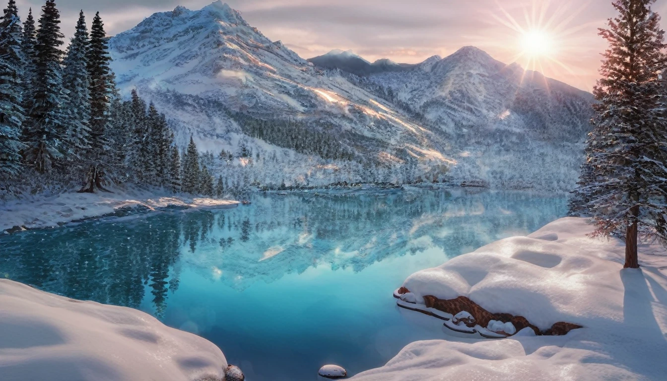 winter mountain landscape, beautiful mountain peaks reflect sunlight, in the gorge there is a transparent mountain lake covered with transparent turquoise ice, gorgeous spruce trees on the background, covered with snow, aesthetically pleasing, beautiful, realistic, professional photo, 30mm lens, 1/250s, 4k, f/ 2.8, pixel graphics, bright light, ISO 100, high resolution, high detail