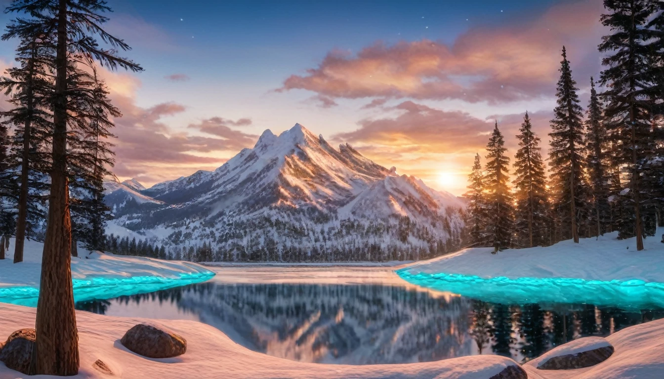 winter mountain landscape, beautiful mountain peaks reflect sunlight, in the gorge there is a transparent mountain lake covered with transparent turquoise ice, gorgeous spruce trees on the background, covered with snow, aesthetically pleasing, beautiful, realistic, professional photo, 30mm lens, 1/250s, 4k, f/ 2.8, pixel graphics, bright light, ISO 100, high resolution, high detail