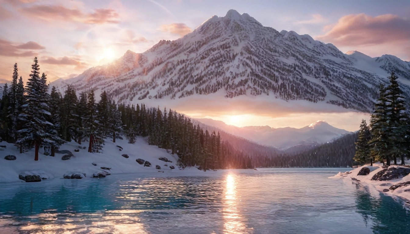 winter mountain landscape, beautiful mountain peaks reflect sunlight, in the gorge there is a transparent mountain lake covered with transparent turquoise ice, gorgeous spruce trees on the background, covered with snow, aesthetically pleasing, beautiful, realistic, professional photo, 30mm lens, 1/250s, 4k, f/ 2.8, pixel graphics, bright light, ISO 100, high resolution, high detail