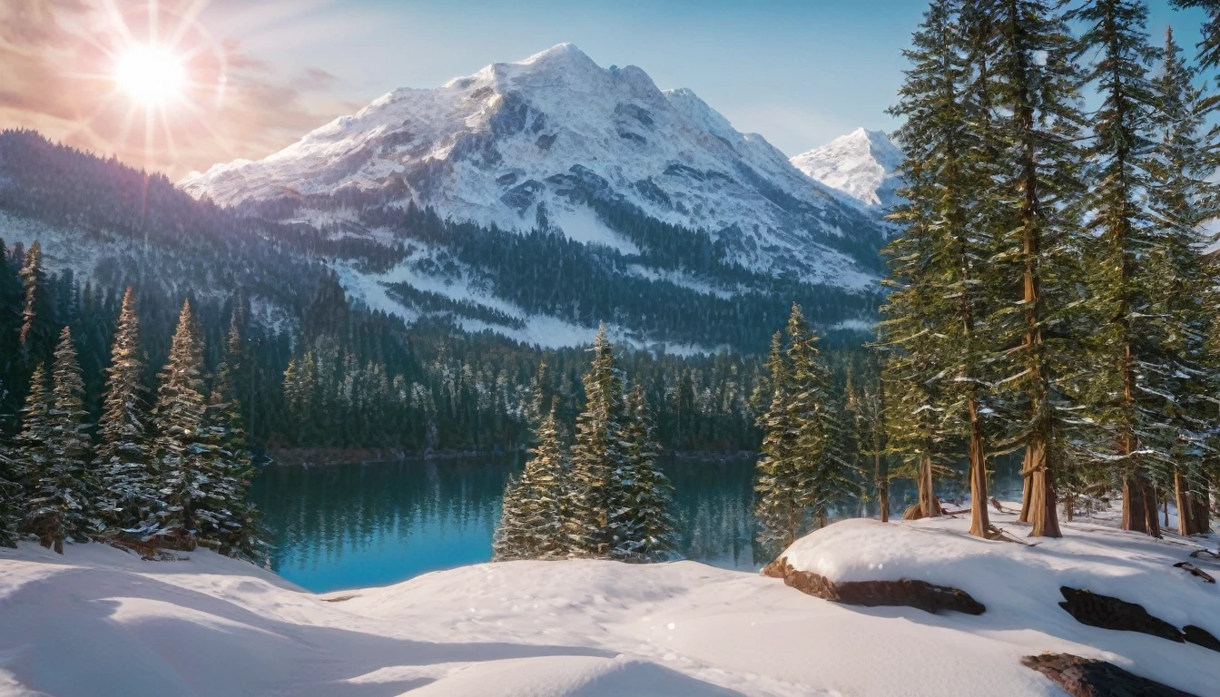 winter mountain landscape, beautiful mountain peaks reflect sunlight, in the gorge there is a transparent mountain lake covered with transparent turquoise ice, gorgeous spruce trees on the background, covered with snow, aesthetically pleasing, beautiful, realistic, professional photo, 30mm lens, 1/250s, 4k, f/ 2.8, pixel graphics, bright light, ISO 100, high resolution, high detail