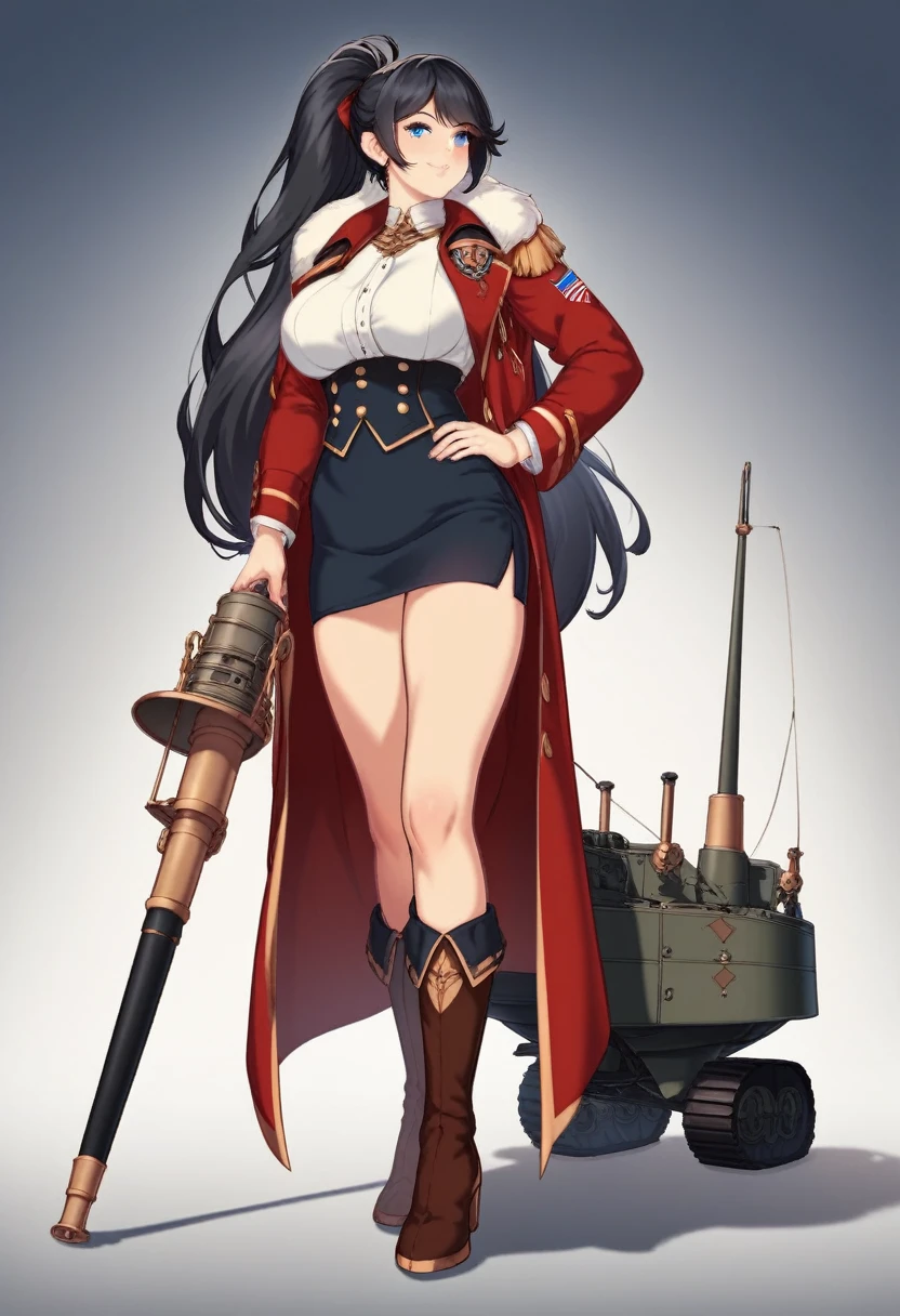 masterpiece, best quality,  beautiful thigh, beautiful skin, extremely delicate and beautiful, 1girl, simple background, EagleNavy, azur lane, battlecruiser, batl, rigging, turret, cannon, epicrigging, black hair, ponytail, blue eyes, long hair, large breasts, skirt, boots, flag, coat on shoulders, hand on hip