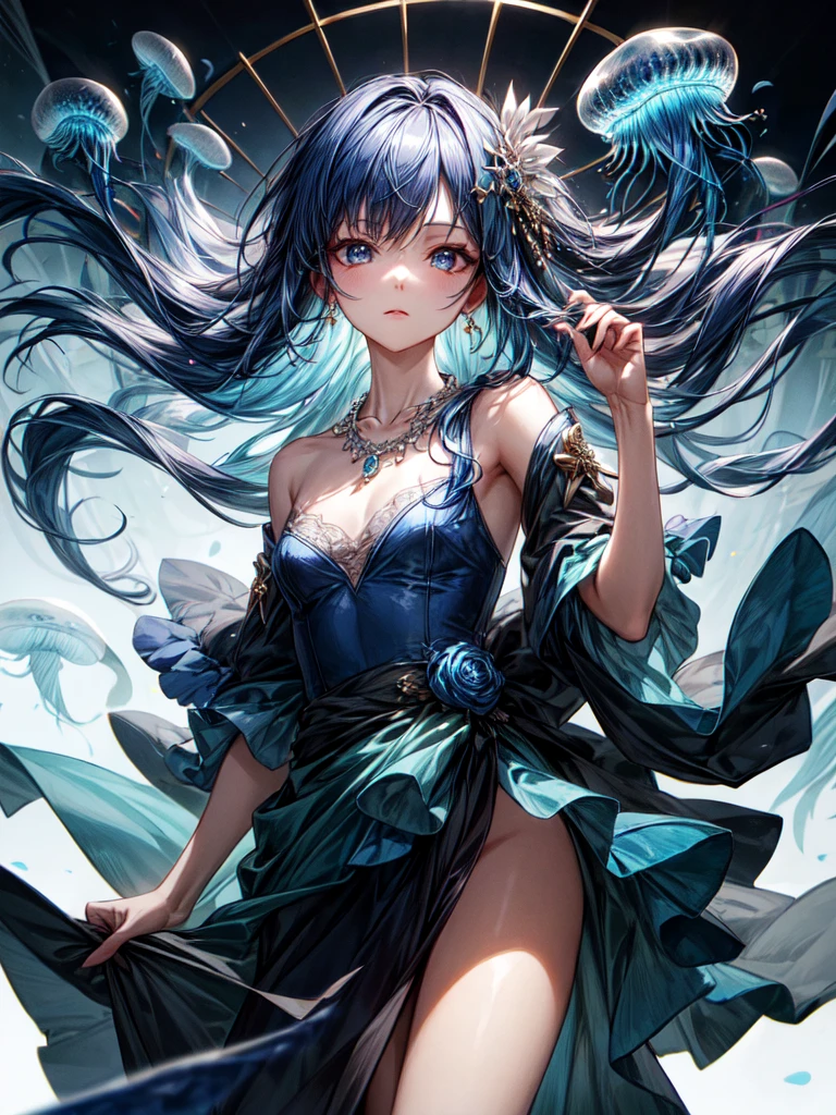 Best quality, Mastery, detailed hair, A high resolution, (((quickly))) ,necklace, hair ornament, (Beautiful face), blue dress, I look at the viewer, blue hair, standing, （above the waist），jellyfish