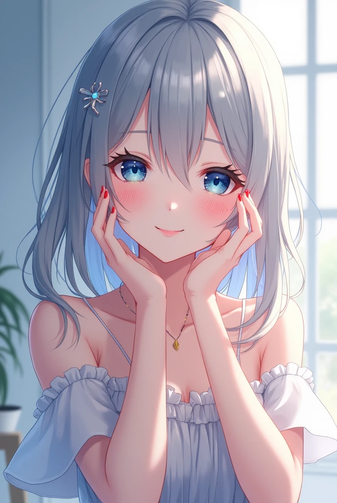 one,((Open maid uniform))、(She is wearing low rise panties as a setting.)、(White hair color、Light blue-silver inner color hairstyle、Texture like after a bath), Beautiful Hair, Facial Contour, Remember, Hotel, moonlight、splash, Lens flare,, Natural Color, High resolution, Very delicate, Very detailed, 8k,、Shyness,((Sexual))、Lying in bed、Shy smile、Shy gesture、Camera work from behind、Turning around、Top view angle