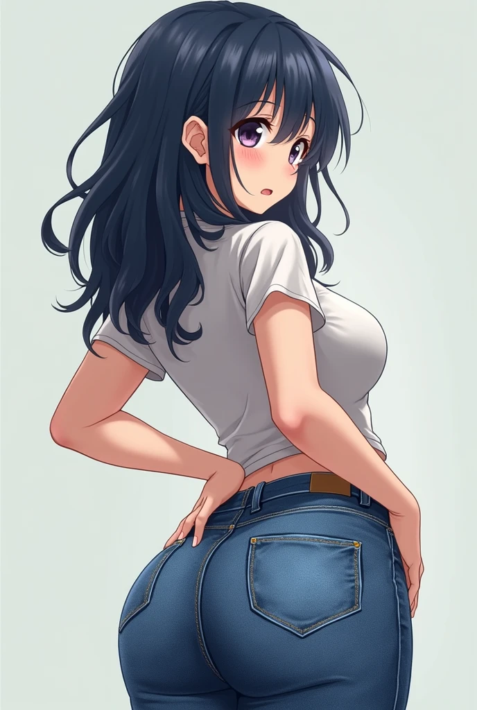 1woman,solo,milf,mature female,medium long hair,black hair,asymmetrical bangs,black eyes,plump,large breasts, oversized_white_t-shirt,(red_bra_under_shirt:0.6),bra_visible_through＿clothes,skin-tight_denim-pants,standing,leaning_forward,bare_one_shoulder,looking_back,surprise:0.6,smile:0.4,blush:0.6,open_mouth,back,from_behind,from_below,hip_focus,