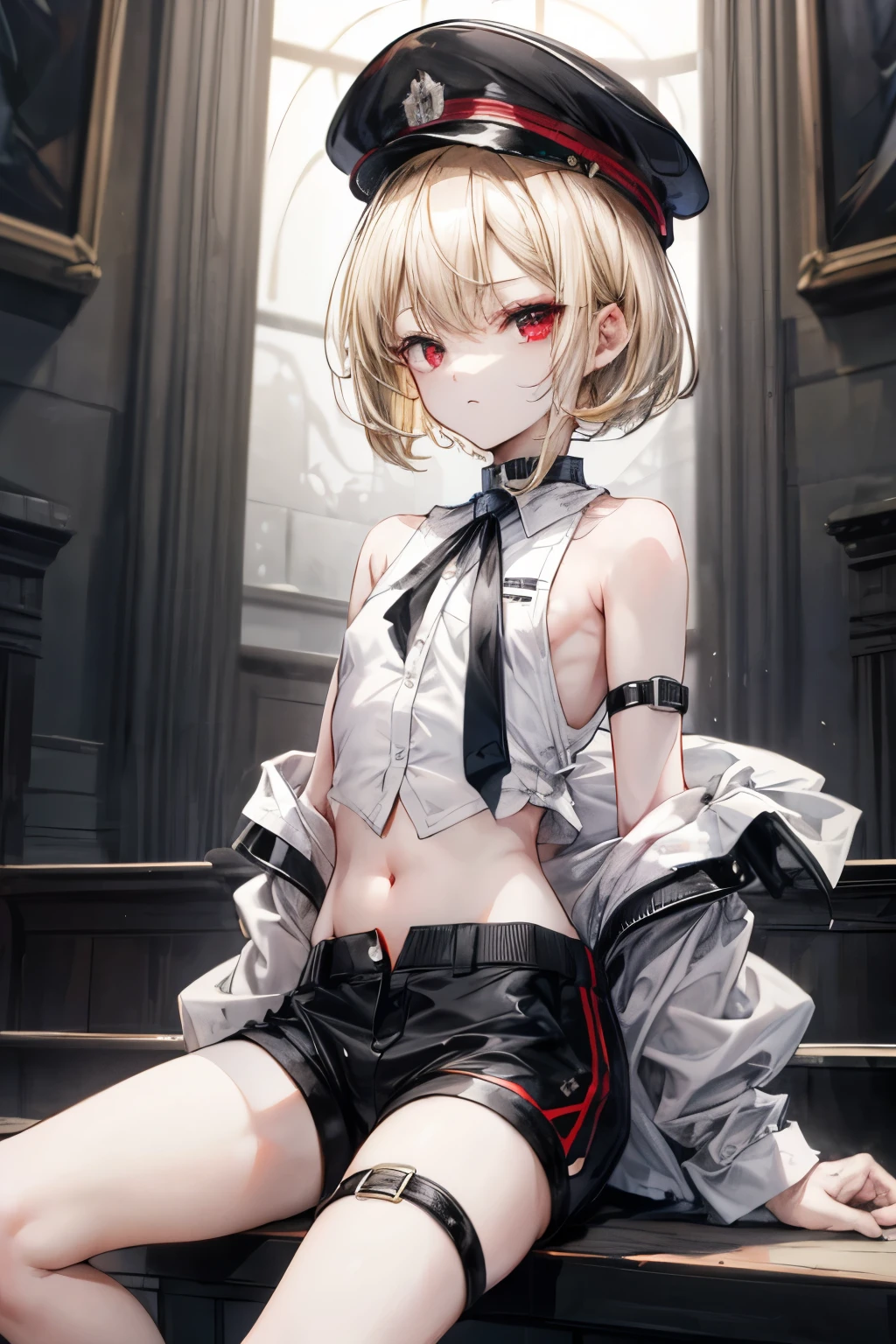 masterpiece, best quality, 1girl, femboy, (mature), solo, blush, flat chest, red eyes, white hair, short hair, (bulge), black garter belt, arms behind back, standing, from below, bedroom, <lora:CurvyFemboy:1>, <lora:more_details:0.5>,