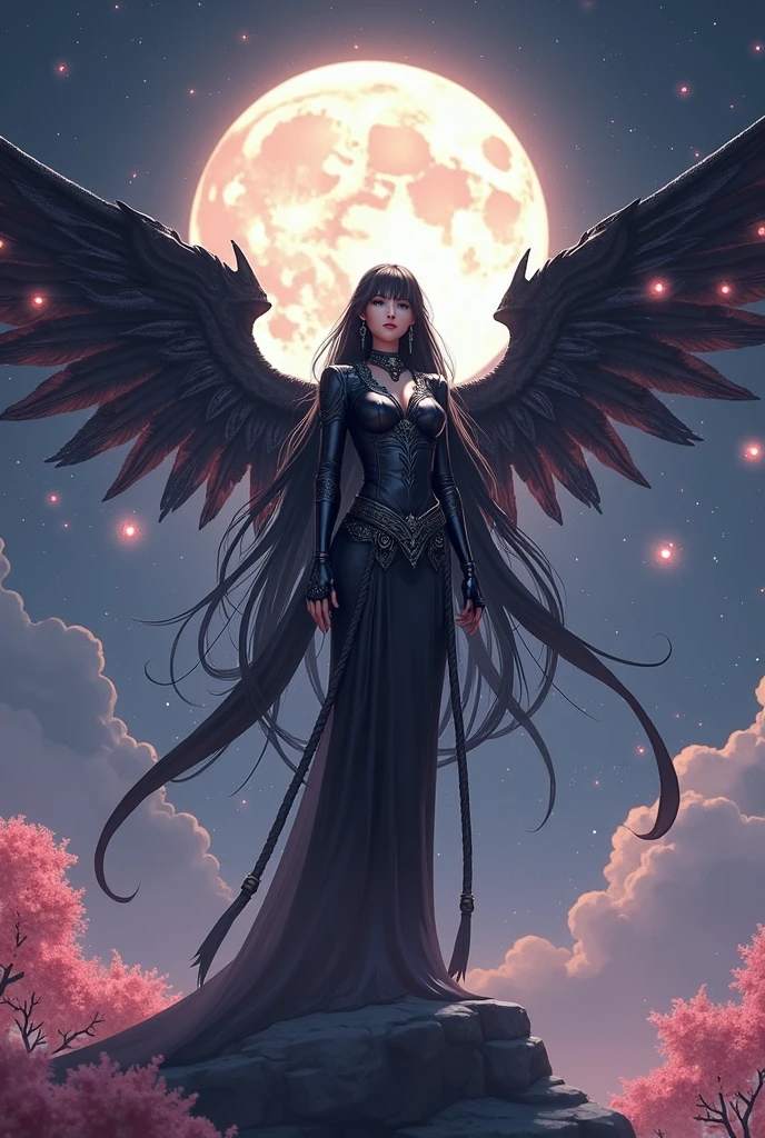 a woman with wings sitting on a roof in front of a sunset, villainess has black angel wings, dark angel, raven angel wings, dark feathered wings, angel with black wings, stylized urban fantasy artwork, raven winged female vampire, fallen angel, winged human, black wings instead of arms, raven wings, beautiful cyborg angel girl, seductive cyberpunk dark fantasy