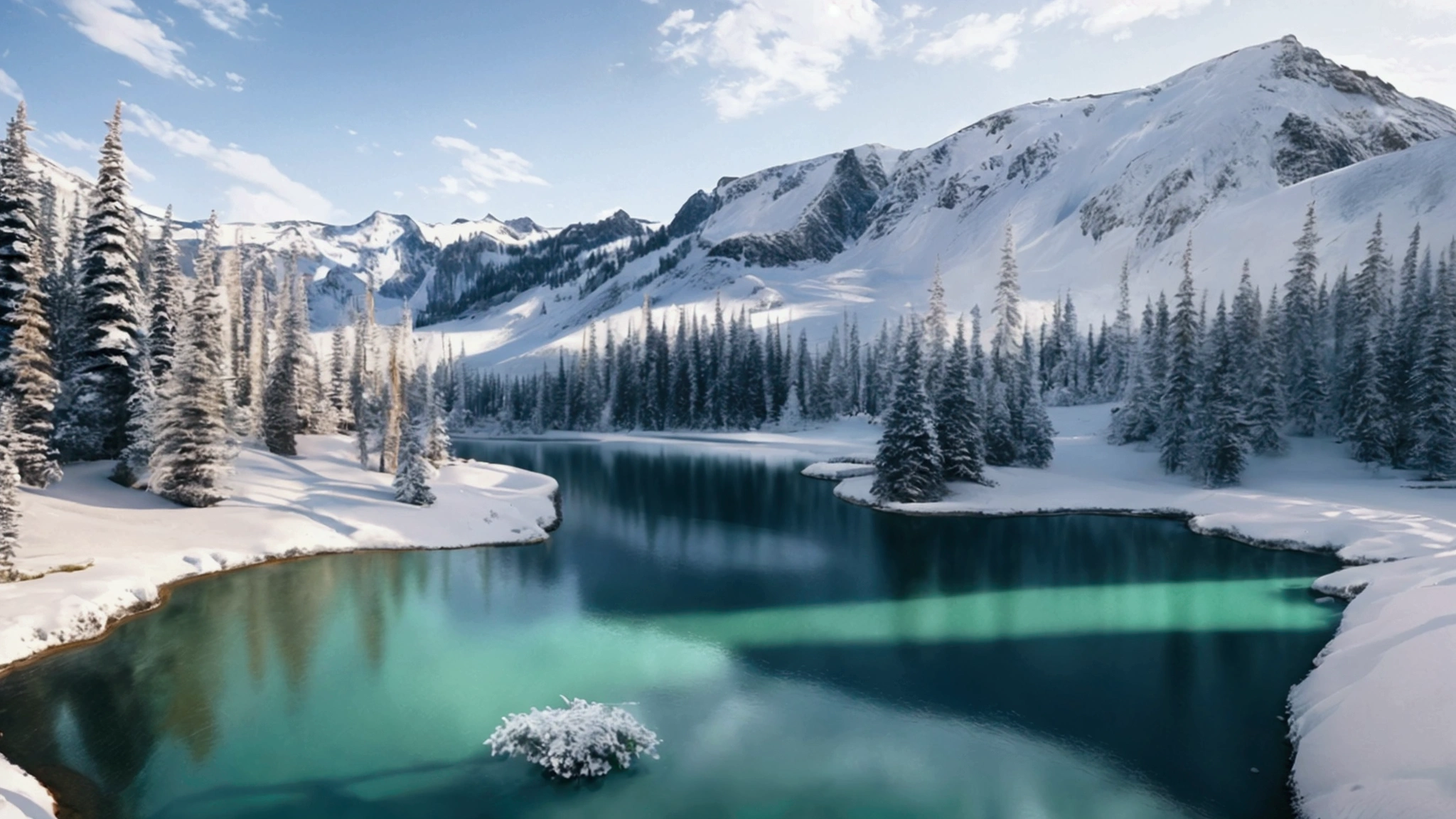 winter mountain landscape, beautiful mountain peaks reflect sunlight, in the gorge there is a transparent mountain lake covered with transparent turquoise ice, gorgeous spruce trees on the background, covered with snow, aesthetically pleasing, beautiful, realistic, professional photo, 30mm lens, 1/250s, 4k, f/ 2.8, pixel graphics, bright light, ISO 100, high resolution, high detail