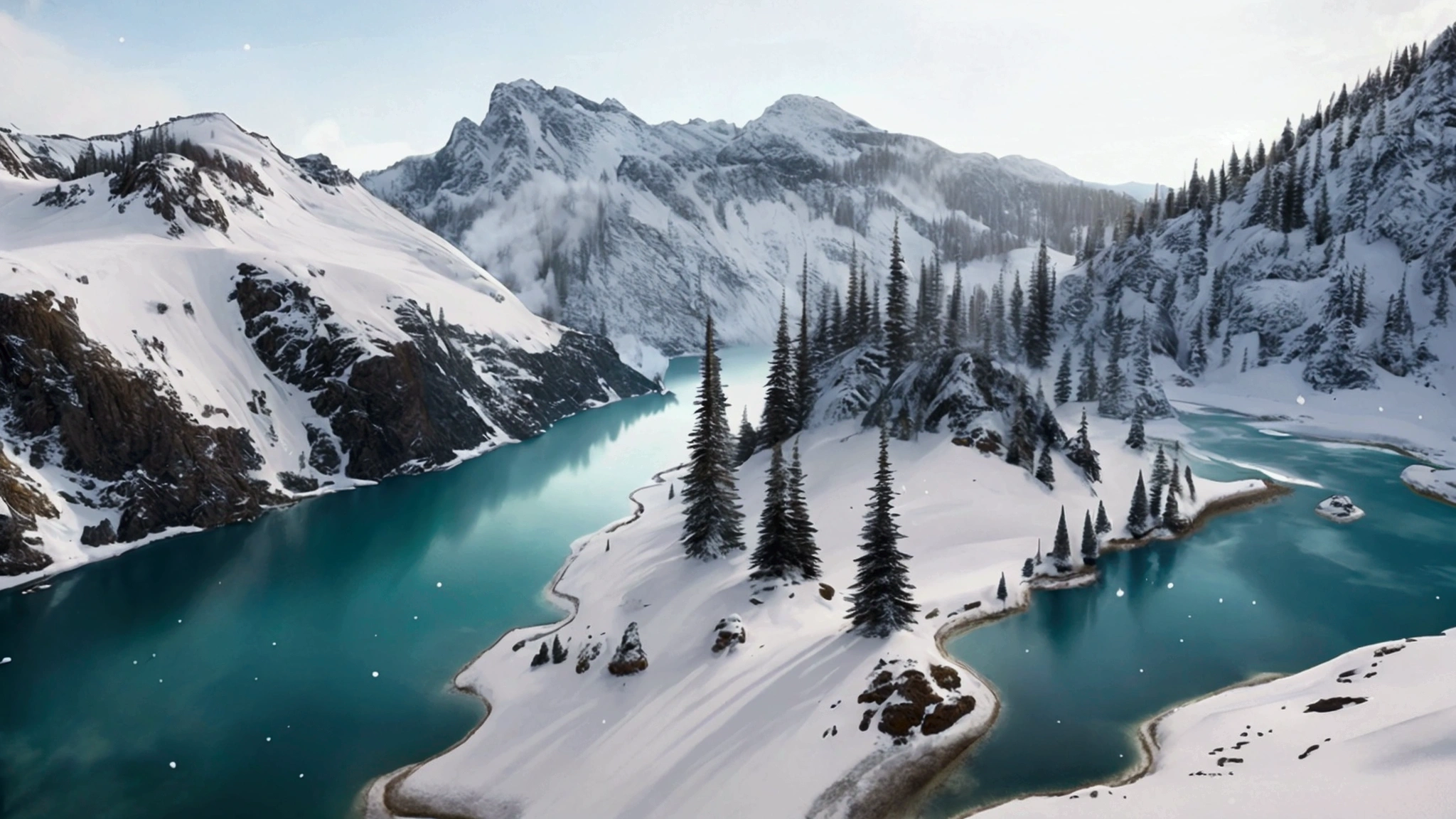 winter mountain landscape, beautiful mountain peaks reflect sunlight, in the gorge there is a transparent mountain lake covered with transparent turquoise ice, gorgeous spruce trees on the background, covered with snow, aesthetically pleasing, beautiful, realistic, professional photo, 30mm lens, 1/250s, 4k, f/ 2.8, pixel graphics, bright light, ISO 100, high resolution, high detail