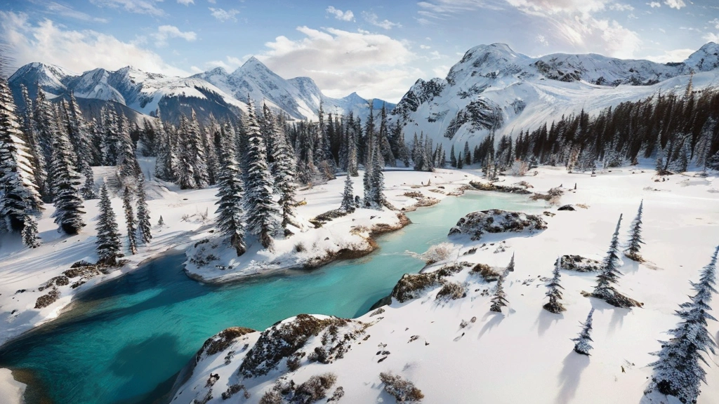 winter mountain landscape, beautiful mountain peaks reflect sunlight, in the gorge there is a transparent mountain lake covered with transparent turquoise ice, gorgeous spruce trees on the background, covered with snow, aesthetically pleasing, beautiful, realistic, professional photo, 30mm lens, 1/250s, 4k, f/ 2.8, pixel graphics, bright light, ISO 100, high resolution, high detail