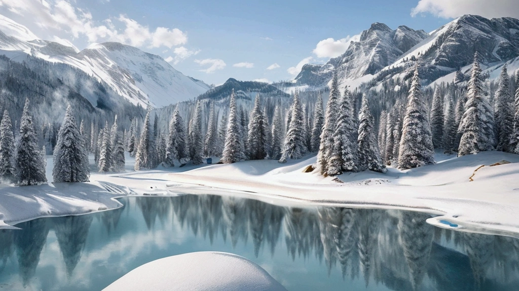 winter mountain landscape, beautiful mountain peaks reflect sunlight, in the gorge there is a transparent mountain lake covered with transparent turquoise ice, gorgeous spruce trees on the background, covered with snow, aesthetically pleasing, beautiful, realistic, professional photo, 30mm lens, 1/250s, 4k, f/ 2.8, pixel graphics, bright light, ISO 100, high resolution, high detail