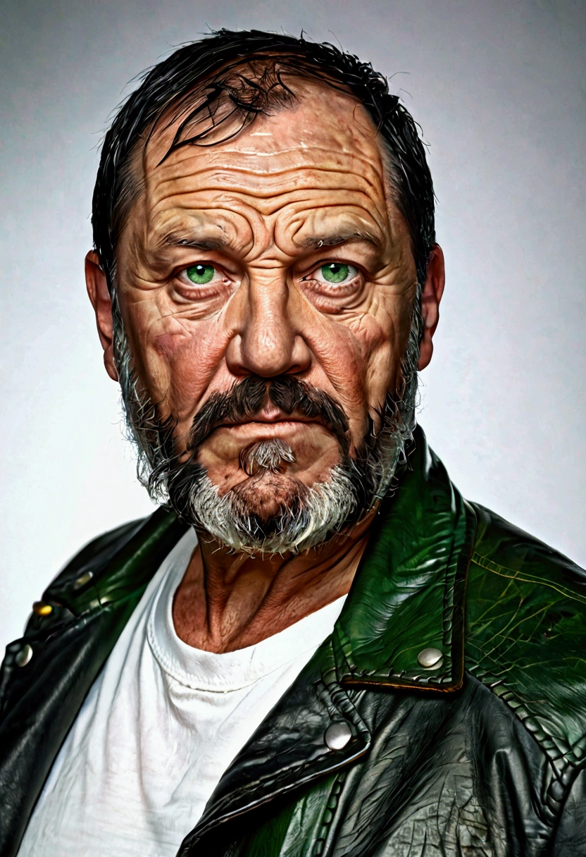 Portrait of a middle-aged man, fat, detailed skin face, expression wrinkles, woodcutter-style black beard, black leather jacket, green eyes, white T-shirt without print, stiff countenance. Ultra detailed scene, dslr camera with 50mm Lens, soft studio lighting