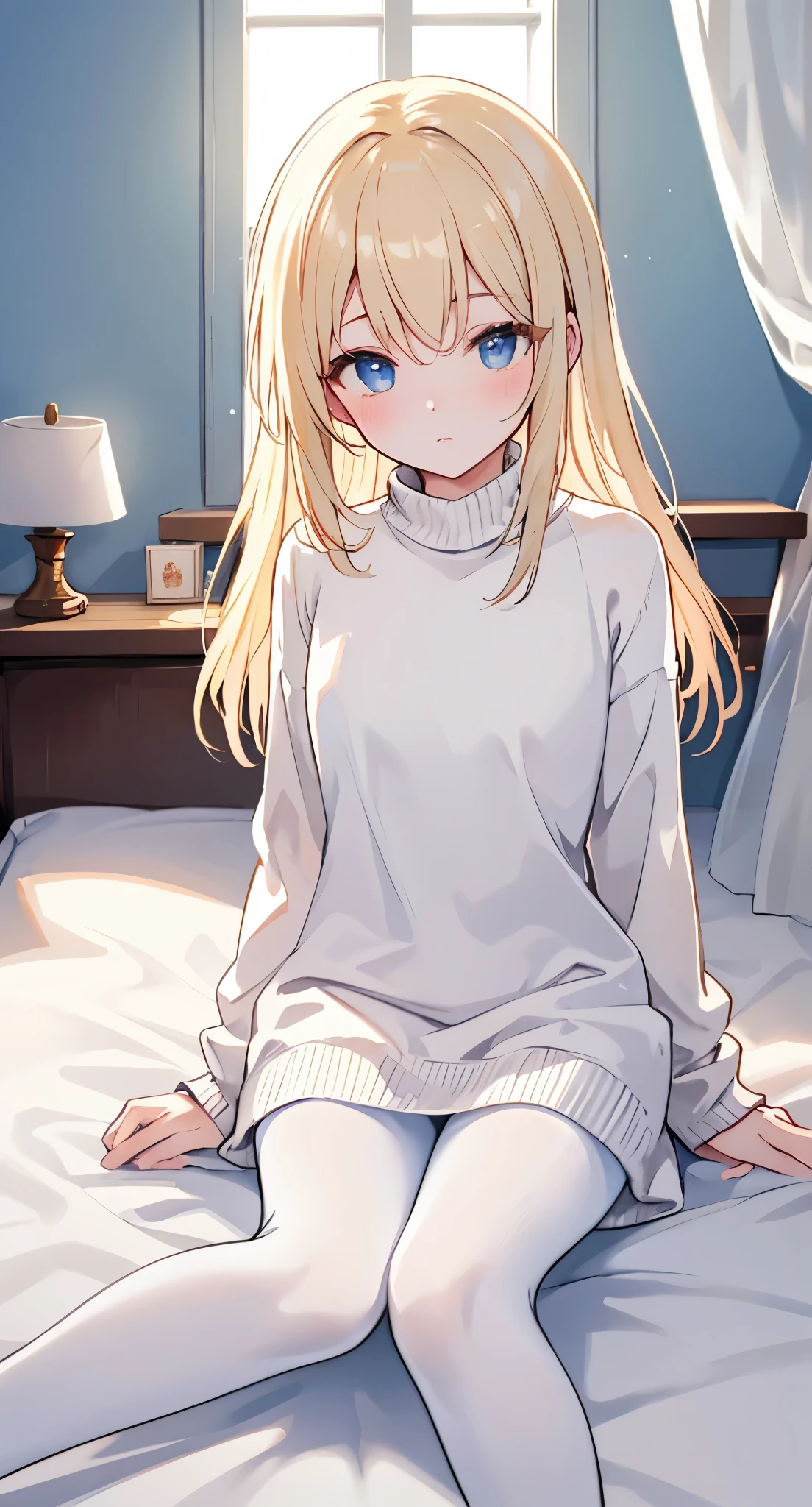 masterpiece, best quality, Practical, 8k, official art, Movie Lighting, Ultra-high resolution, 1 Girl, White sweater dress, torn pantyhose, sitting, on the bed, bedroom, Sunlight, Looking at the audience,