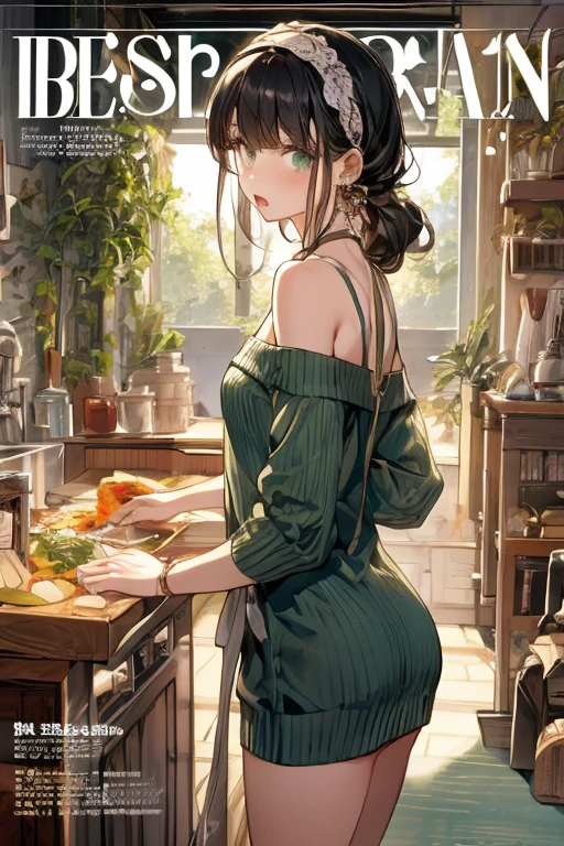 (small breasts:1.3), (perky chest:1.1), (pointed chest:1.0), (fashion magazine cover:1.3)，(from below:1.0),(from side:0.9),masterpiece, 1girl, Amazing Cleavage:1.1, thin waist, big ass, Raised sexy, small breast: 1.3, posed cleavage:1.2、solo, looking at viewer, open mouth, have a cute grass of cute beergrass,black hair, dark green eyes, dress, bare shoulders, jewelry, collarbone, sidelocks, hairband, earrings, indoors, off shoulder, :o, sweater, arms behind back, plant, short hair with long locks, gild hairband, off-shoulder dress, sweater dress, off-shoulder sweater, red sweater, dark gord hair, big side hair, very long side hair,is rendered in (masterpiece: 1.2, best quality), with (ultra high resolution) and an exquisite (depth of field). This masterpiece is not only visually stunning but also tells,A scene of cooking in the kitchen by classroom
