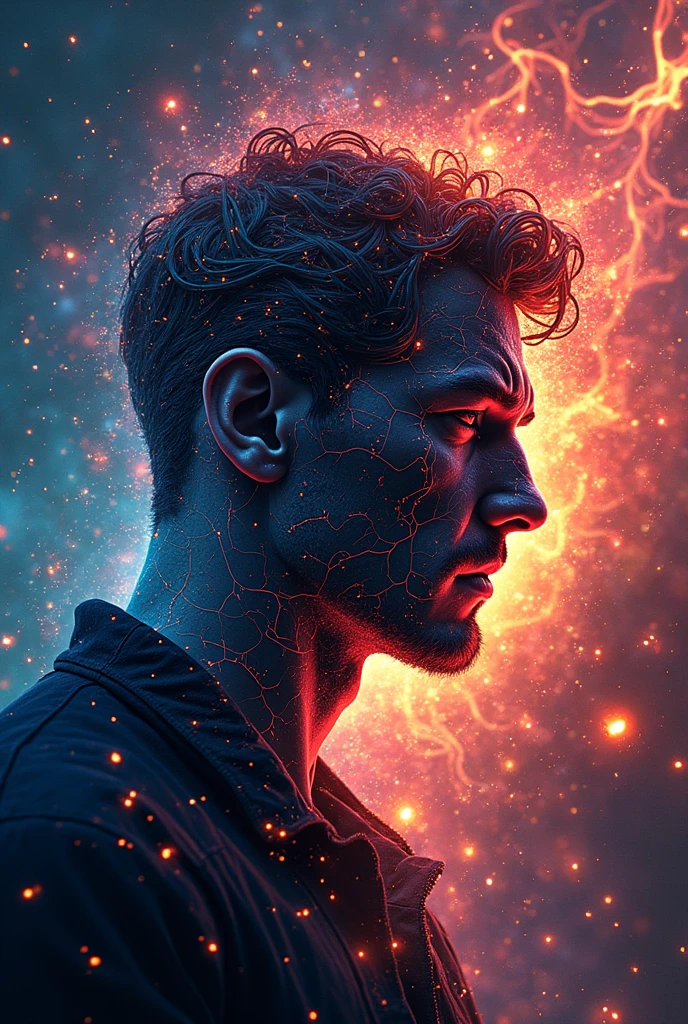 Cosmic Fallen Angel, glowing light eyes, Biomechanical, Very bright colors, Light particles, with light glowing, Mshiff, wallpaper art, UHD wallpaper,Strong red and blue light and shadow