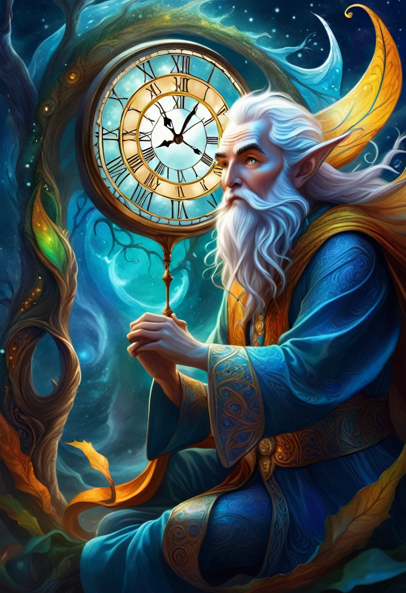 a medium detailed illustration of "Father time," "a breathtaking elf," "the fear," "Marvellous," fantasy art, mystical, vibrant colors, dynamic poses, detailed background, magical elements, digital painting, high fantasy, surreal, intricate details, enchanting atmosphere