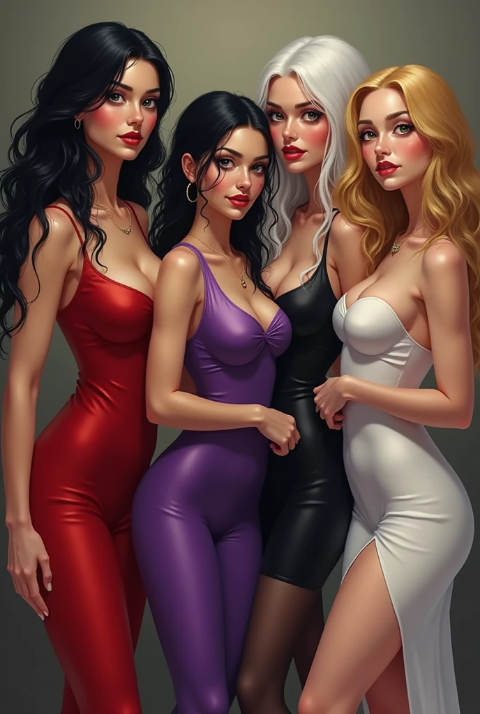 high quality, very detailed, 8k, character design, (realistic cartoon, intricate details), 2.5 D, cartoon animation style, dead or alive character, 4 american women, 4 milf women, 4 women in 1 single image, USA girls, different hair color, red hair, blue hair,black hair, brown hair, white hair, purple hair, different hairstyle, short, medium, long, silky, different hair length, different eye shapes and eye colors, different facial features, american female facial features, all having different skin tones, all wearing elite party female slutty dresses with necklace, bangles and garters, slutty and revealing dresses, all having curvaceous figure and XL huge breasts, strong thighs, toned stomach, all slutty party dresses with bodies drenched in semen, drowned in cum, giving lusty expressions, night city in background, standing under a street light, sharp light focus, light and shadow