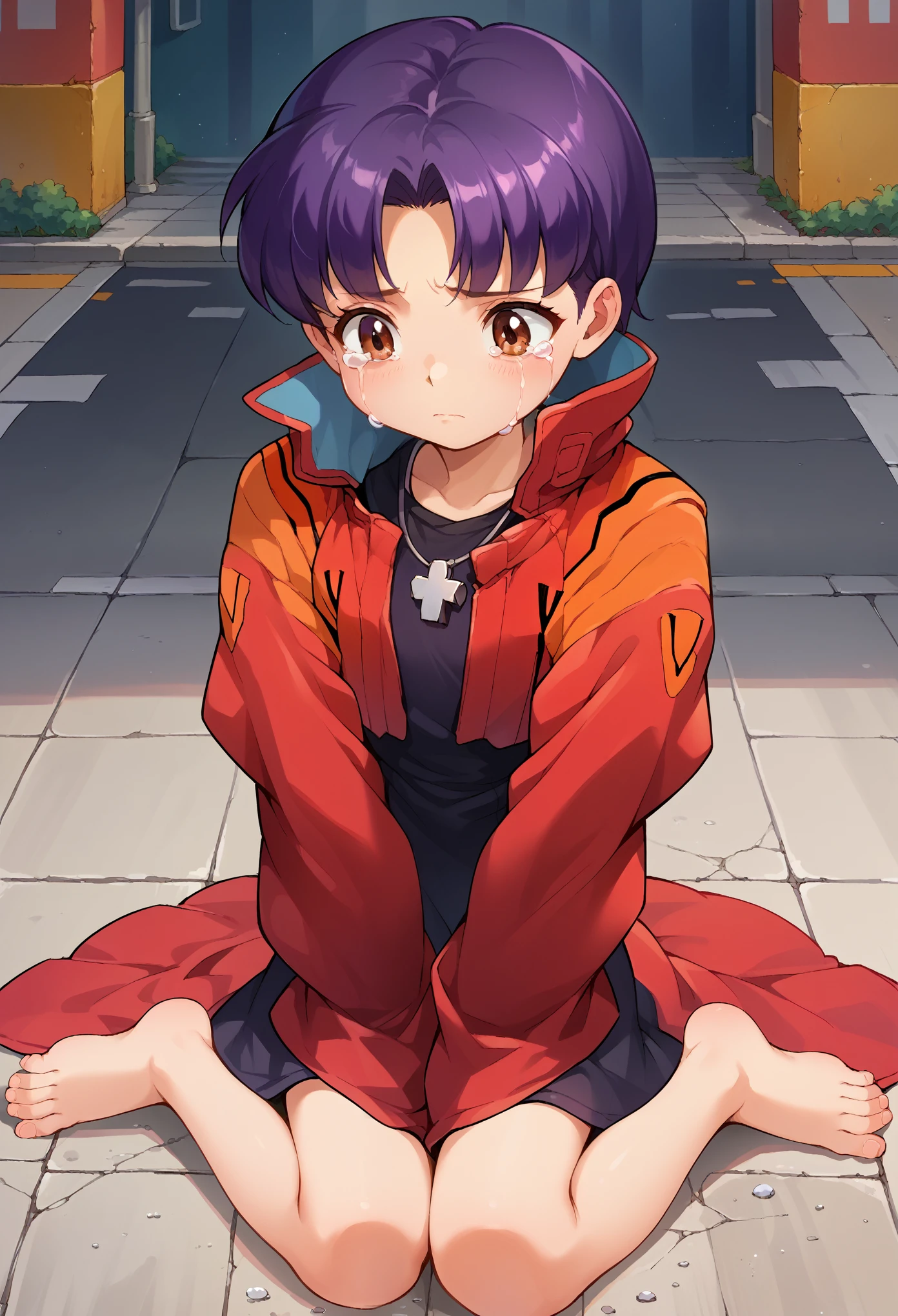 score_9, score_8_up, score_7_up, 1girl, solo, (loli:1.5), (loli body), flat chest, EPngeKatsuragiMisato, purple hair, brown eyes, short hair, long sleeves, oversized sleeves, jewelry, red jacket, cropped jacket, necklace,  cross necklace, black dress, oversized dress, open jacket, sitting on ground, barefoot, crying, sad, looking down, looking herself, street, city, AgeRegression, Oversized Clothes