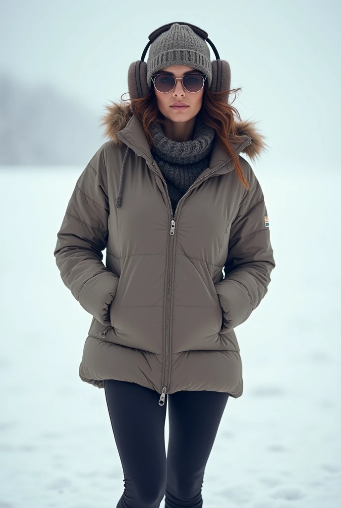 ultrarealistic high quality full body photo of a beautiful busty slim european 25-year-old woman with cute hyperdetailed shy face and natural redhead middle length hair and shy smile , realistic round hazel eyes, natural lips, dark eye makeup with eyeliner, wearing shiny cropped puffer jacket and latex pants, hourglass body, outdoor photography, heavy snow falling
