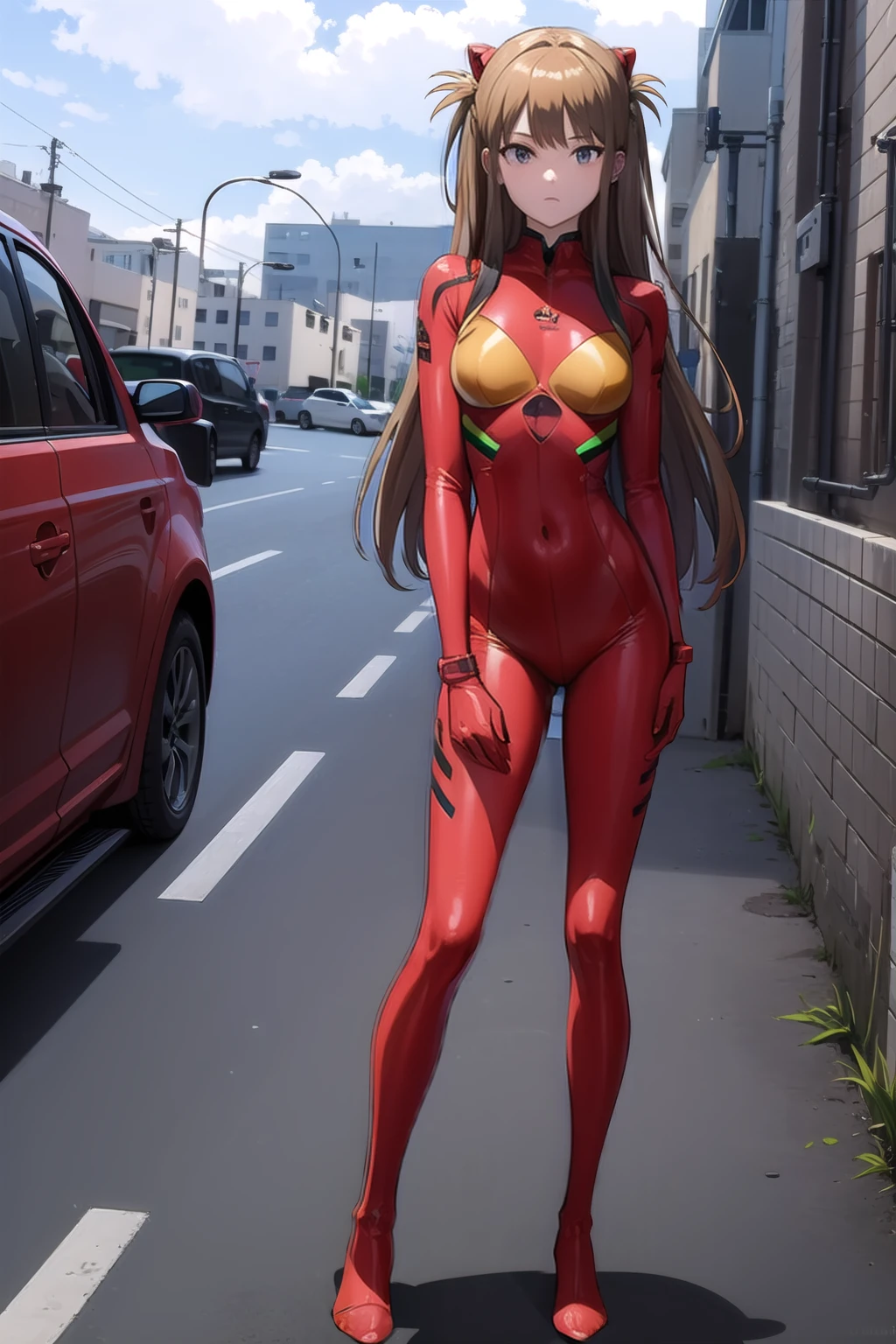 Kousaka honoka, tight , Blushing, huge breasts, (red bodysuit:1.2), solo, curvy body,street,on ground, sitting, spread legs, open mouth, embarrassed, covering her crotch by her hands, saliva, drooling