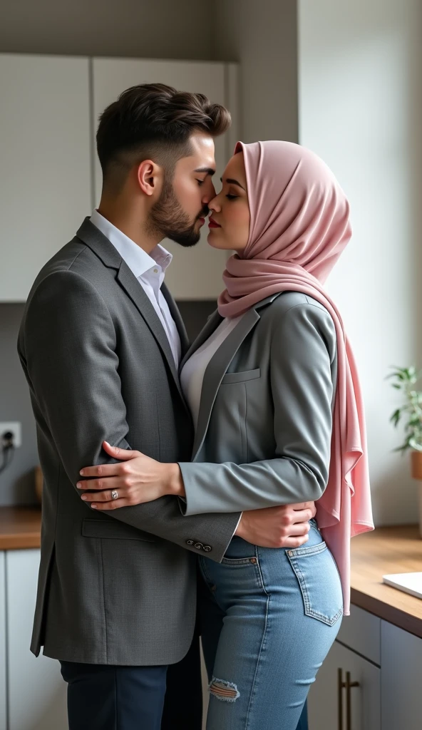 Man grabbing breasts of a woman in hijab from behind and kissing her neck.