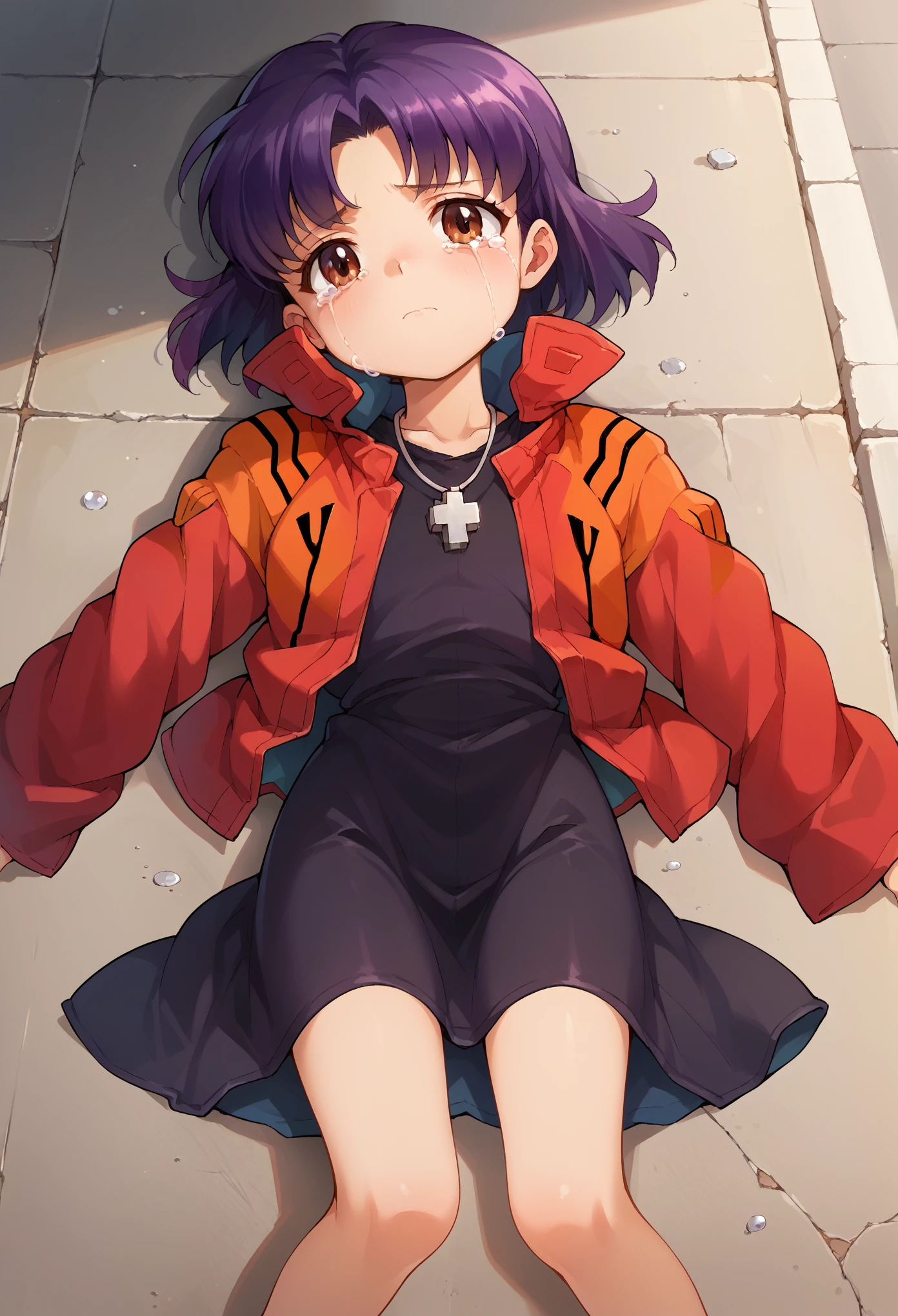 score_9, score_8_up, score_7_up, 1girl, solo, (****:1.5), (**** body), flat chest, EPngeKatsuragiMisato, purple hair, brown eyes, short hair, jewelry, necklace,  cross necklace, black dress, oversized dress, open jacket, lying on back, barefoot, crying, sad, looking at you, street, city, AgeRegression, Oversized Clothes