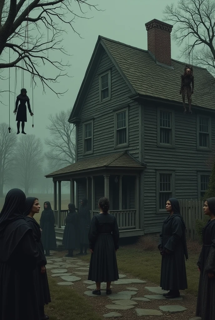 a nun with a demonic face running after a boy in blue clothes a black woman running away from the nun a black man in a white and red hat standing in front of the scary nun an abandoned house in the background