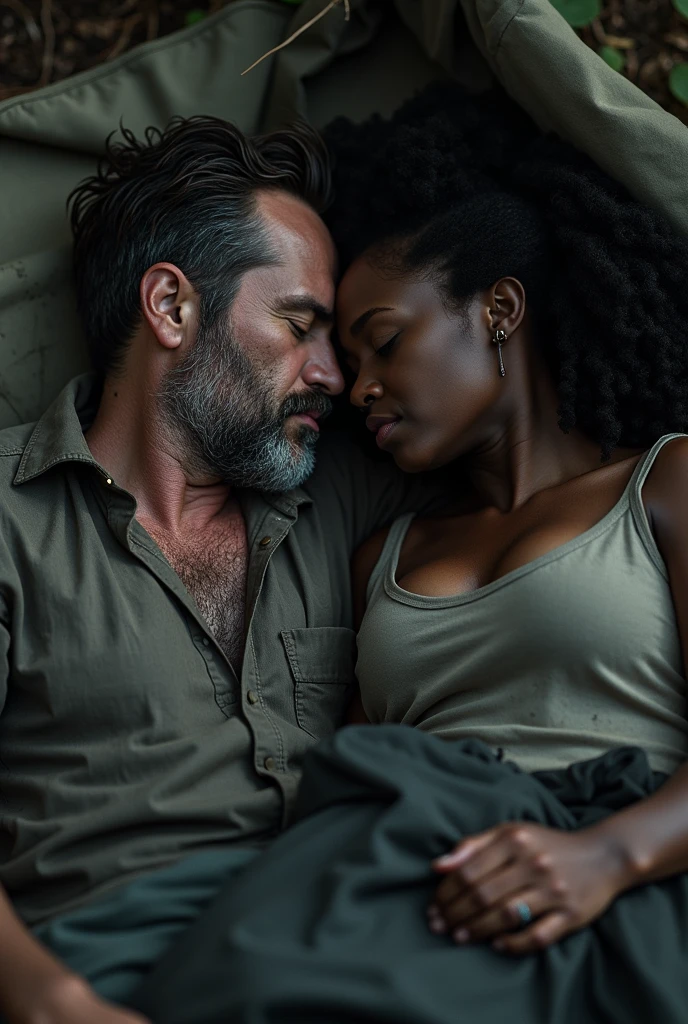 Generate a picture where a where a 25 year old white hair guy is injured and lying on the lap of a 25 year old black hair girl who is also injured and barely breathing. The white hair boy should be looking at the girl and girl should be looking down at the boy. Behind them should be a battlefield. It should look real like a film scene. 