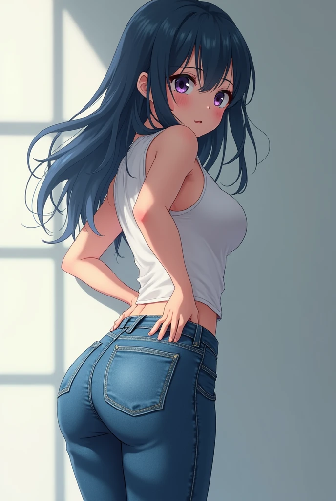Hyper realistic photograph of a beautiful girl standing, rosto de Horikita suzune , de olhos azuis e pele branca, usando um short curto, micro short jeans apertado, micro camisa, large and voluminous breasts sagging breasts huge breasts gigantic breasts full breasts protruding breasts, coxas grossas, de costas para o telespectador , looking back Full body