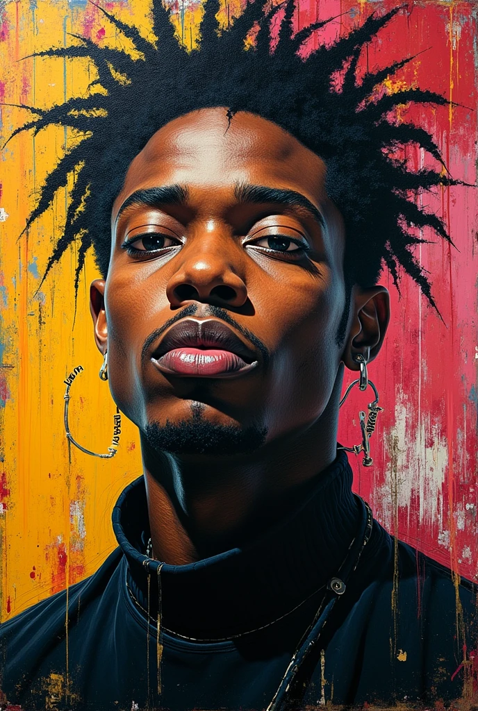 A vibrant, expressionistic image of a work by Jean-Michel Basquiat that showcases his signature style of graphic art, Energetic lines and striking colours. This portrait captures the essence of his unique technique, which combines elements of street art with a deep reflection on social and racial issues.