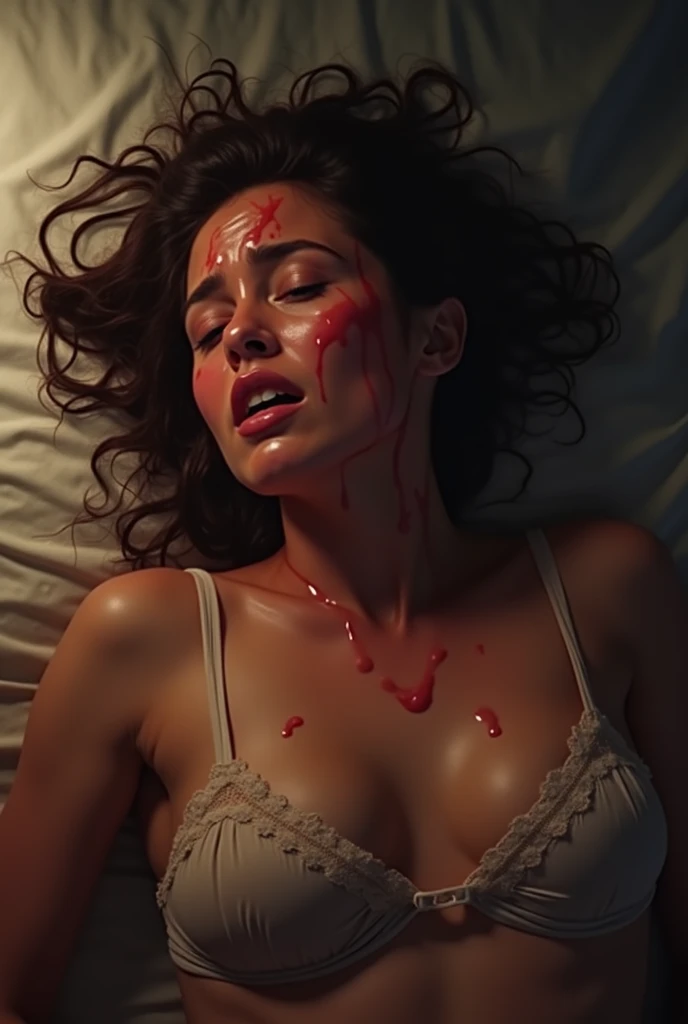 A inebriate topless girl, lying on the dirty floor, looks very enjoyable, american pie style, looks depressing, high quality, ultra-detailed, crazy details, 4K