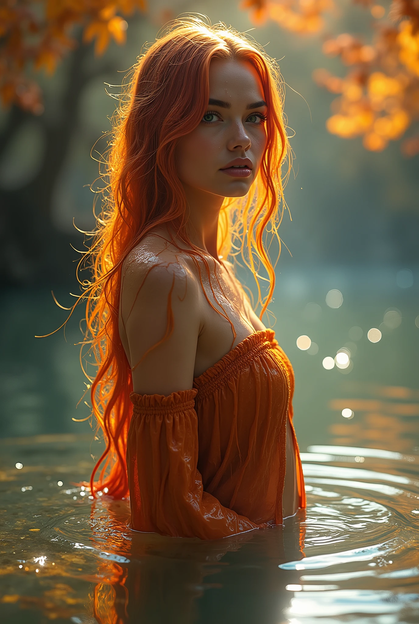 (best quality,4k,8k,highres,masterpiece:1.2),ultra-detailed,(realistic,photorealistic,photo-realistic:1.4), ((facing forward:1.3, subject in center of view)), profesional photograph by dunitskiy david, natural light, close-up portraits, a beautiful mature japanese girl, ((wearing oversize red t-shirt:1.5, bottomless), (hold up her breast by her hand:1.3)), (hinata hyuga likeness:1.2), hopless looks, soft glow, elegant beauty, detailed eyes, atractive pose, delicate skin texture, flowing messy hair, long red hair, round face feature, seductive expression, fatty posture, plump body, (expose abs:1.3), wet and dirty body, (soaking in the dirty swamp:1.3) in sunset, subtle shadows, dirty background, shallow depth of field, high contrast, dark and foggy atmosphere, fine art photography, low angle, close up, photon mapping, huge belly, massive belly, enormous belly, gigantic belly