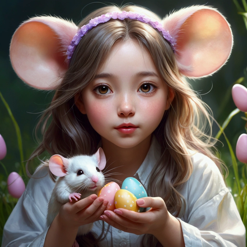 Beautiful with dreamy eyes, Mouse or rat, Cute Girls, Volumetric Light, Ultra-realistic, Intricate details, shape, Painting, watercolor, Cute Chibi, Eating Easter eggs, ah!, Shallow depth of field, Pastel Color Palette, Soft lighting, Minimum, Modern, Digital Painting, Lois Van Belle、Ross Tran、Art by artgerm, Artstation HQのトレンド, Very detailed，sleep，Are sleeping