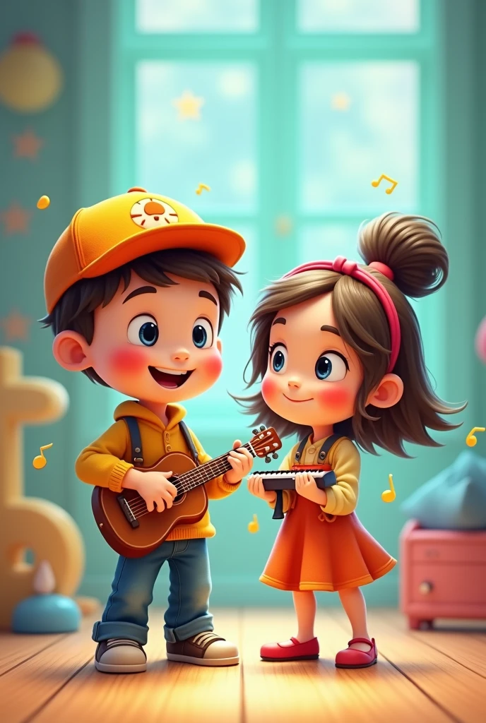 portrait of a cute boy with guitar in hand and girl with cute smile,  digital art , trending artstation, 4k, high detail