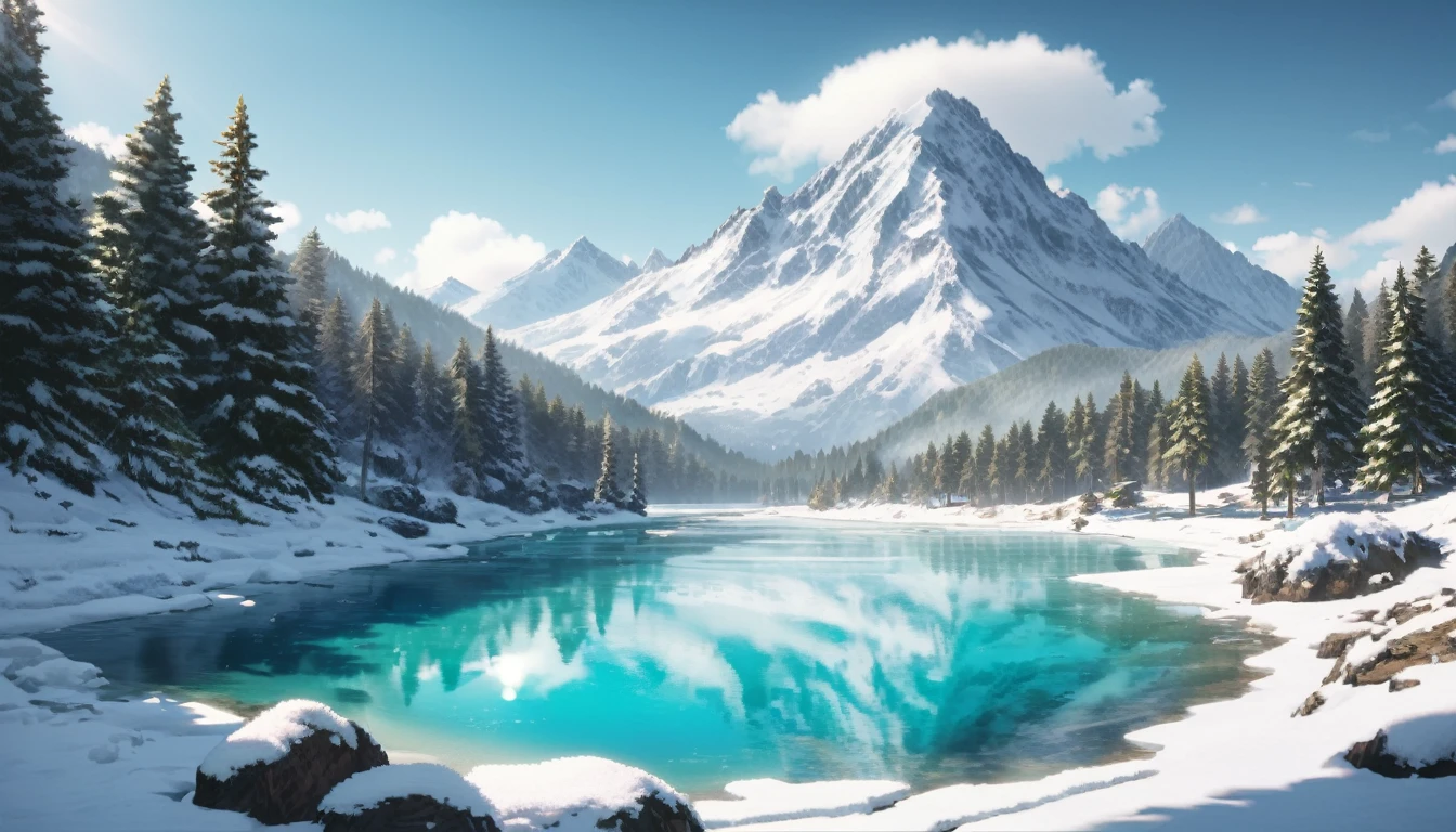 winter mountain landscape, beautiful mountain peaks reflect sunlight, in the gorge there is a transparent mountain lake covered with transparent turquoise ice, gorgeous spruce trees on the background, covered with snow, aesthetically pleasing, beautiful, realistic, professional photo, 30mm lens, 1/250s, 4k, f/ 2.8, pixel graphics, bright light, ISO 100, high resolution, high detail