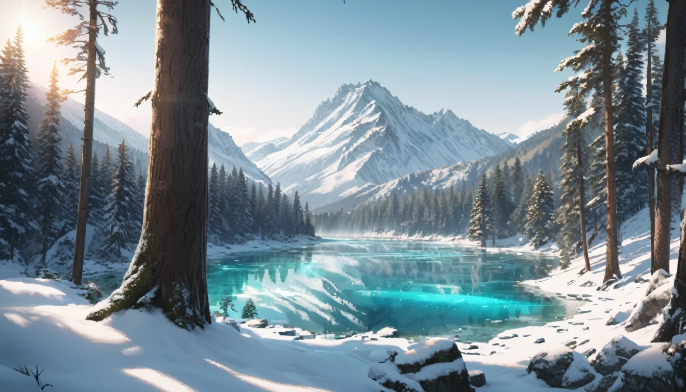 winter mountain landscape, beautiful mountain peaks reflect sunlight, in the gorge there is a transparent mountain lake covered with transparent turquoise ice, gorgeous spruce trees on the background, covered with snow, aesthetically pleasing, beautiful, realistic, professional photo, 30mm lens, 1/250s, 4k, f/ 2.8, pixel graphics, bright light, ISO 100, high resolution, high detail