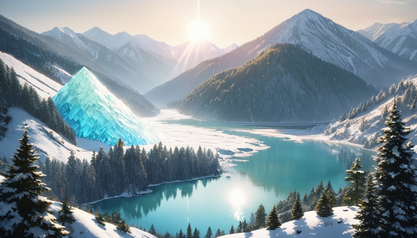 winter mountain landscape, beautiful mountain peaks reflect sunlight, in the gorge there is a transparent mountain lake covered with transparent turquoise ice, gorgeous spruce trees on the background, covered with snow, aesthetically pleasing, beautiful, realistic, professional photo, 30mm lens, 1/250s, 4k, f/ 2.8, pixel graphics, bright light, ISO 100, high resolution, high detail