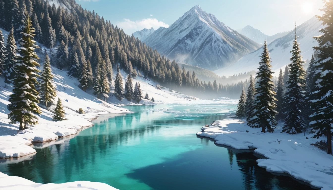 winter mountain landscape, beautiful mountain peaks reflect sunlight, in the gorge there is a transparent mountain lake covered with transparent turquoise ice, gorgeous spruce trees on the background, covered with snow, aesthetically pleasing, beautiful, realistic, professional photo, 30mm lens, 1/250s, 4k, f/ 2.8, pixel graphics, bright light, ISO 100, high resolution, high detail