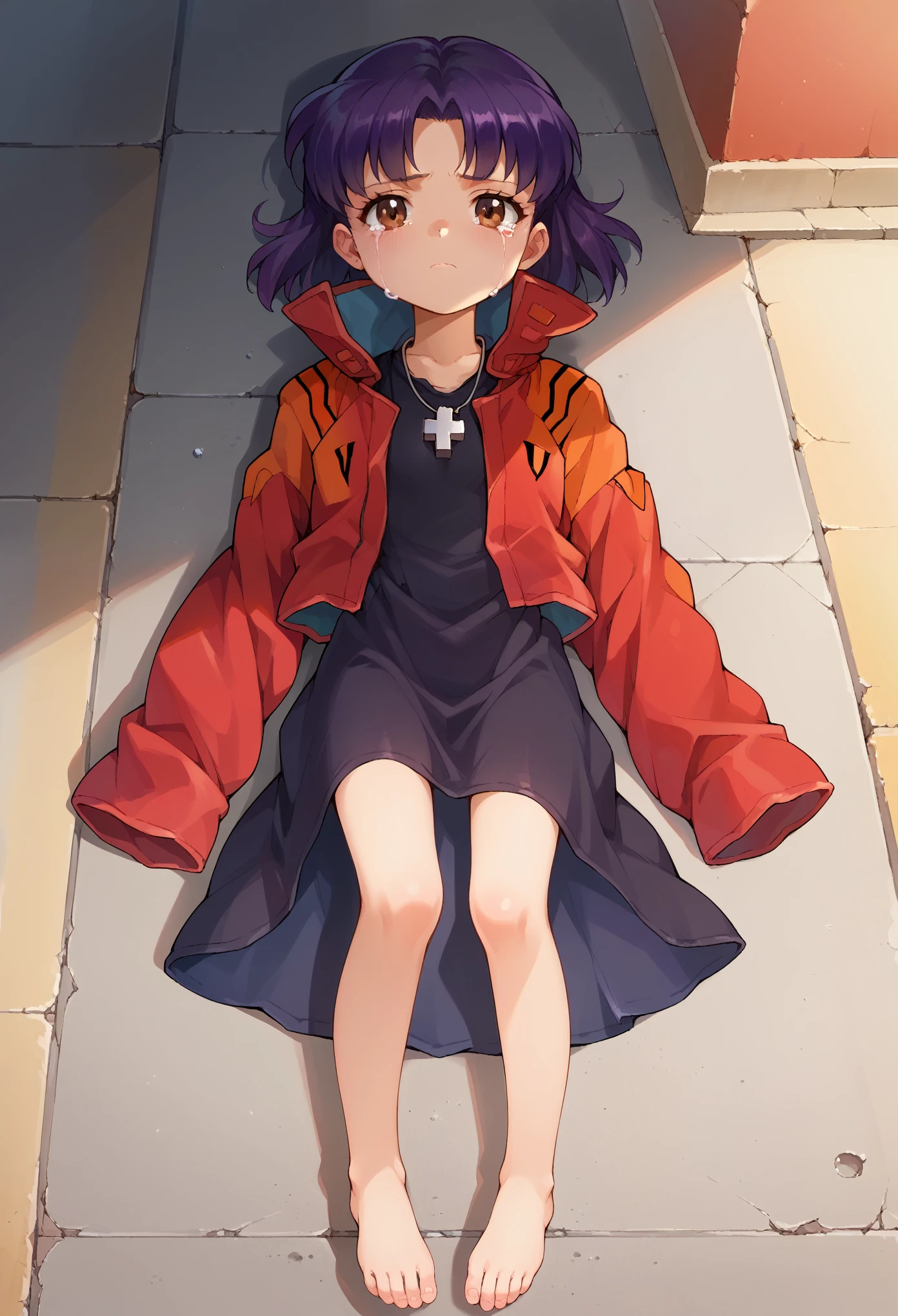 score_9, score_8_up, score_7_up, 1girl, solo, (****:1.5), (**** body), flat chest, EPngeKatsuragiMisato, purple hair, brown eyes, short hair, jewelry, necklace,  cross necklace, black dress, oversized dress, open jacket, lying on back, barefoot, full body, crying, sad, looking at you, street, city, AgeRegression, Oversized Clothes